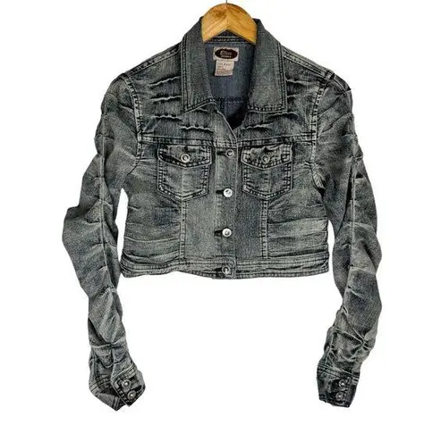 Y2K Cropped Moto Jacket Ruched Sleeves Distressed Sz Small Grunge Black