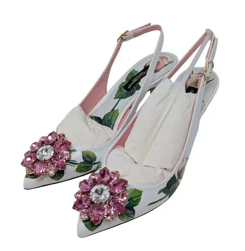 Dolce & Gabbana Jeweled Bellucci Floral Print Slingback Heels White and Pink 35