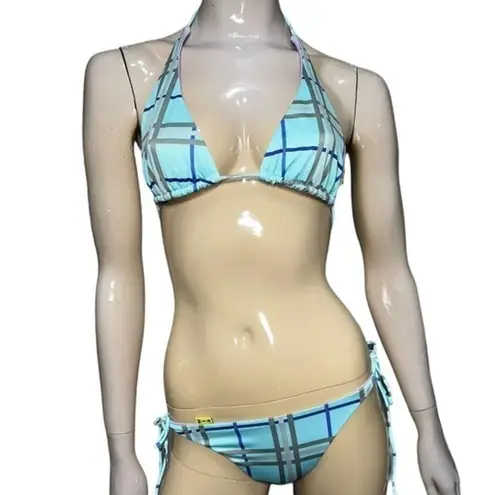 WIA W.I.A. Dolls Kill Womens Size S Blue Purple Gray Silver Plaid RIP Bikini Set