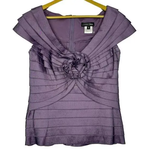 Tadashi Shoji Iridescent Satin Pleated Blouse 10 Purple Flower Cap Sleeve Whimsi