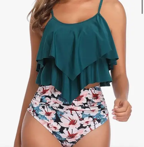 American Trends High Tankini Swimsuit for Women Flounce Top Bathing Suit Top Blue Size 12