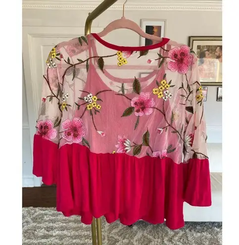 Cha Cha Vente Valentines Peplum Top Mesh Fairycore Romantic Floral Embroidered Pink Size L