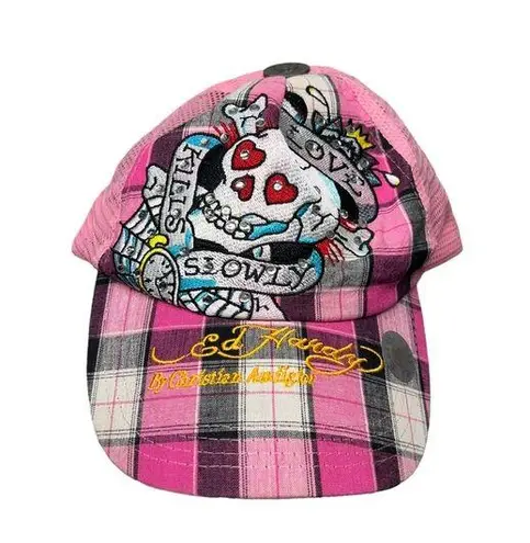 Ed Hardy  Y2K Rhinestone Plaid Skull Trucker Hat