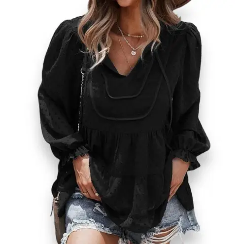 PRETTYGARDEN Women's V-neck Black Chiffon Long Sleeve Boho Blouse Large | EUC