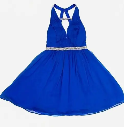Minuet Royal Blue Cocktail Evening Halter Dress with Beaded Straps & Open Back