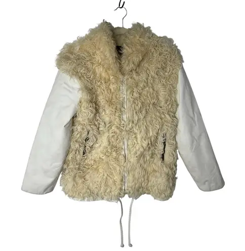 Vintage FURRocious Curly Lamb Fur Jacket Leather Sleeves Cream XS Rare Unique
