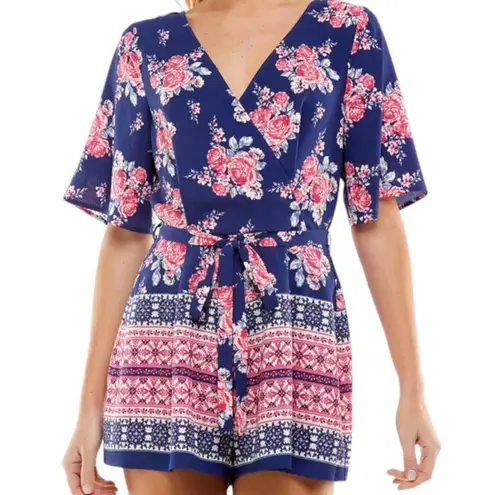 Trixxi  Blue Multicolor Womens Juniors Surplice Printed Romper, Small