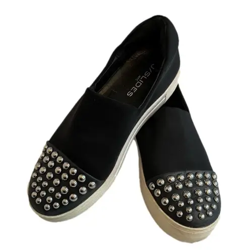 JSlides J/SLIDES black slip on sneakers with metal toe accents, size 8 EUC