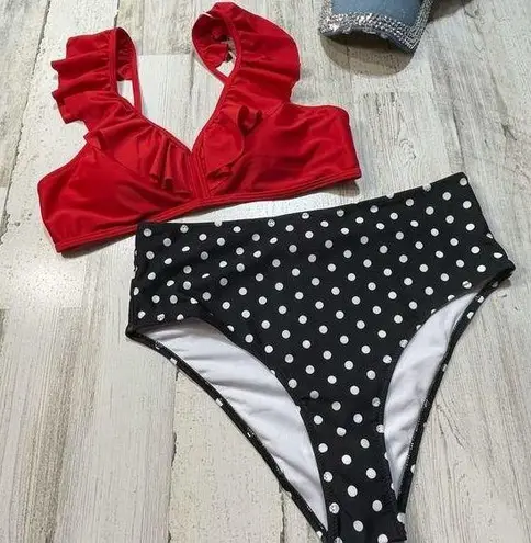 Phurro Medium Ruffled Polka Dot Bikini High Waisted Spaghetti Strap