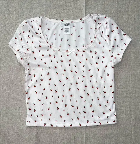 Just Polly | Cherry Print Ribbed Crop Top | Large White