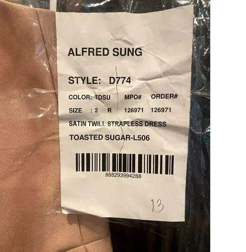 Alfred Sung NWT Strapless Notch Satin Twill Maxi Dress Pockets 2 Toasted Sugar