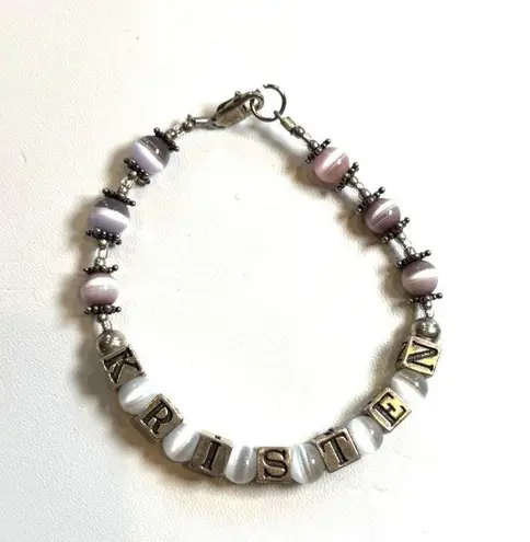 Handmade Custom "Kristen" Name Bracelet With Purple & White Beads Silver Accents Lobster