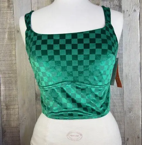 Colsie Size XS Green Velvet Checkered Crop Top Bralette With Adjustable …