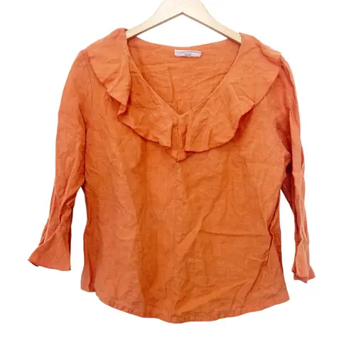 Bryn Walker Orange 100% Linen Ruffle Neck Shirt Sz M