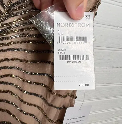 Pisarro Nights Women's Beaded Gown Beige Size 4 Formal Dress Short Sleeve Tan