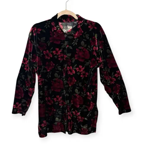 Laura Scott Vintage Y2K Floral Velvet Button Blouse Whimsigoth Boho Medium