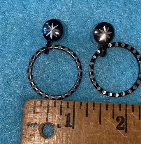 Star burst dangle hoops pierced earrings black rhinestone stud connected to hoop