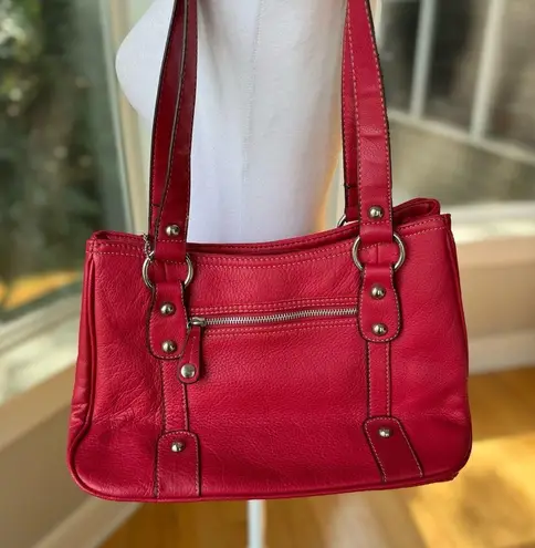 Vintage 90s Y2K Cherry Red Genuine Leather Purse or Shoulder Bag Silver Details