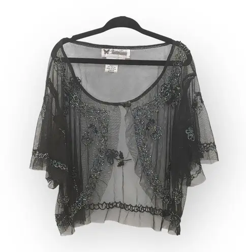 Papillon Blanc ❀ 20’s Flower Sequin Mesh Gatsby Flapper Cape Shrug ❀ Black ❀ S