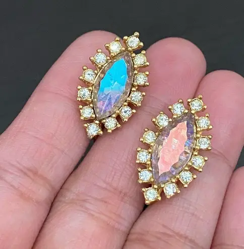 Vintage TARA Signed AB Crystal Aurora Borealis Marquis Navette Clip On Earrings