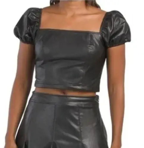 Avec Les Filles LARGE Faux Leather Puffy Sleeve Zipper Back Square Neck Crop Top