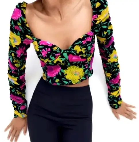 ZARA NWT. $50R  Off Shoulder Sweetheart Neckline Floral Crop Top Blouse Size M