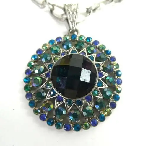 Large Sparkly Starburst Aurora Borealis Rhinestone Brooch Necklace Plus Size Inc Blue