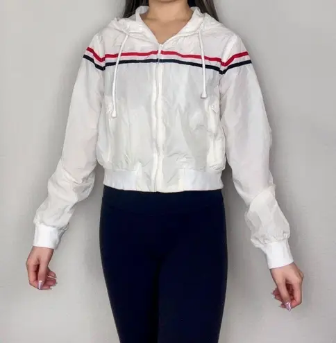 John Galt White Red & Blue Striped Windbreaker Zip-Up Hooded Drawstring Jacket