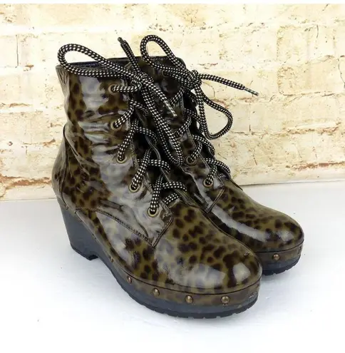 Opening Ceremony Joelle Patent Leather Boots 37 6 US Cheetah Wood Clog Lace Up