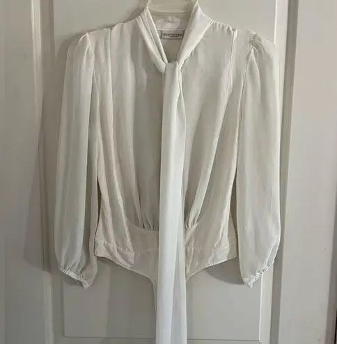 New York & Company Ivory Button Down Tie Neck Bodysuit in EUC Size Extra Small