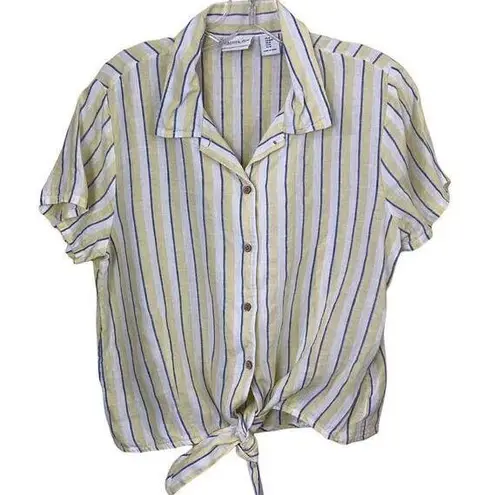 Rachel Zoe  Linen Striped Tie Bottom Button Down Blouse Size Medium