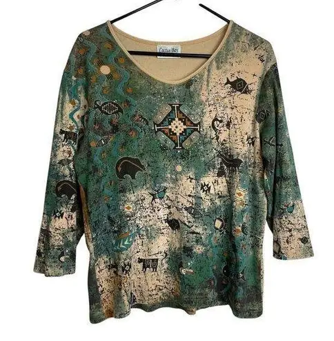 Cactus Shirt Womens Large Green Aztec Animals V Neck Rhinestones Tribal Casual