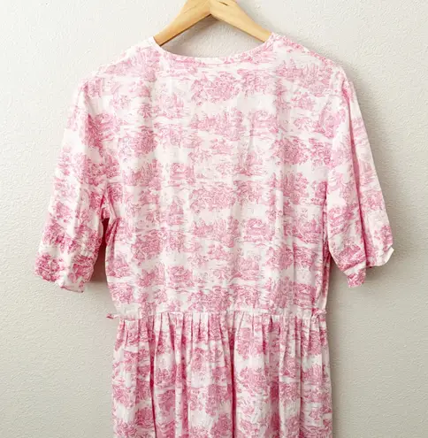 VINTAGE | Pink White Toile Cottagecore Homestead Prairie Dress | Size Large