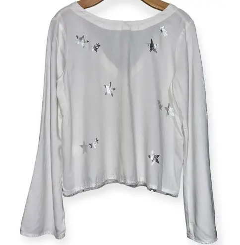 Bella Dahl Women’s S White Silver Stars Tie Button Back Long Sleeve Blouse Top
