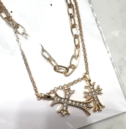 Gold Double Cross Diamond Necklace