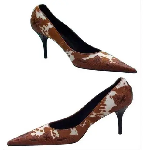 Donald Pliner Brown Pony Hair Calf Leather Pump Shoe New Western Croc NWT $450 Size 5.5