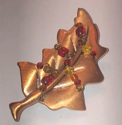 Copper Leaf Brooch with Wire Beaded Accents Brown