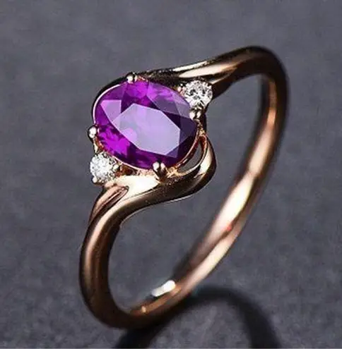 14K Rose Gold Plated Adjustable Purple Crystal Amethyst Ring for Women