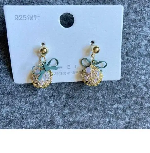 Dainty wire Gold Pearl Ball Earrings with Green Bow Korean Style Cute Gift NWT