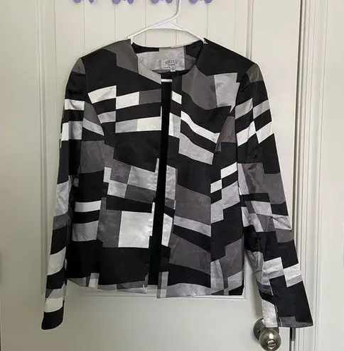 Kasper Vintage women’s geometric block pattern black gray white blazer jacket 10