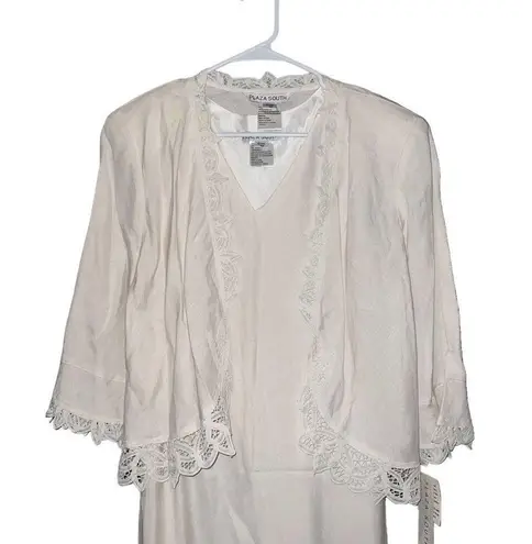 NWT Plaza South 2pc White Linen Battenberg Lace Trim Maxi Dress & Jacket Size 10 White