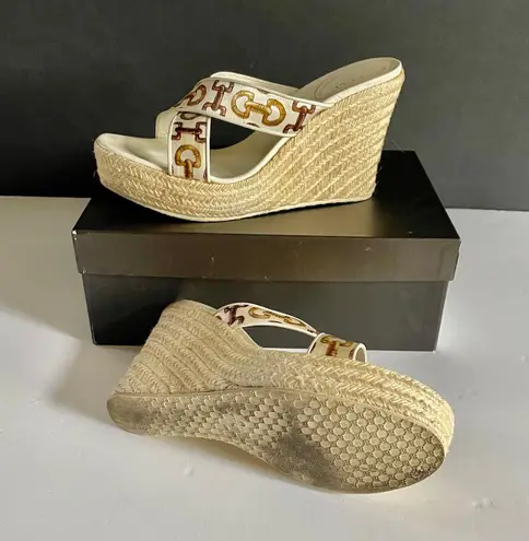 Gucci Bamboo Horsebit Leather and Satin Printed Espadrilles Wedge Sandals Sz 9+