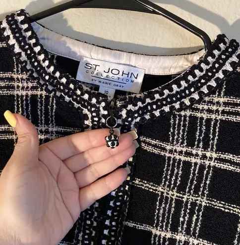 St. John Tweed Knit Women Zipper Blazer Size 10 Black Lime Green Tan & White