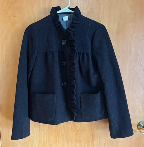 J.Crew Wool Blend Ruffle Collar Jacket Women's Size 4 Charcoal Career Coat Black