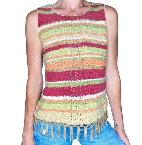 Susan Bristol Vintage Crochet Stripe Bohemian Silk Fringe Tank Top