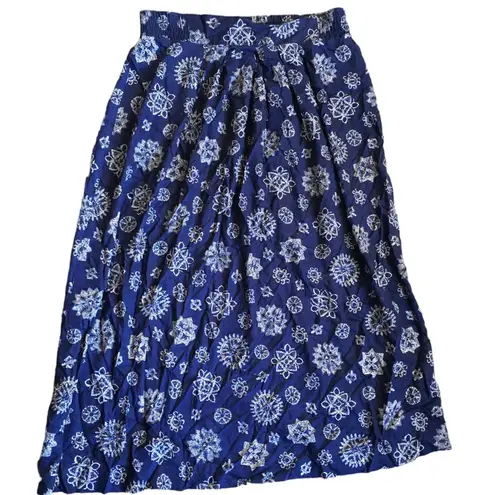 Norton Mcnaughton Vintage 80s Navy Blue White Medallion Rayon Midi Skirt M L