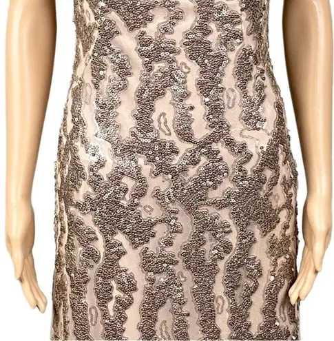 Sue Wong  Champagne sequined square neck sheath dress with stretch. Size 6. EUC