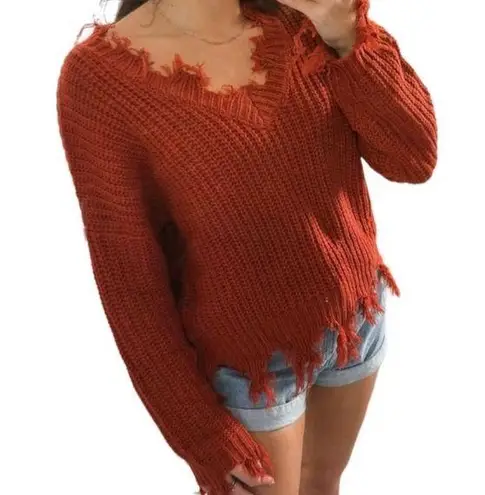 Love Tree  Fringe Distressed V-Neck Crop Length Sweater Small