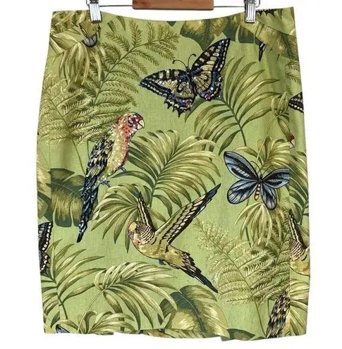 Muse Linen Sequined Parakeets & Butterflies Straight Skirt Green Size 14