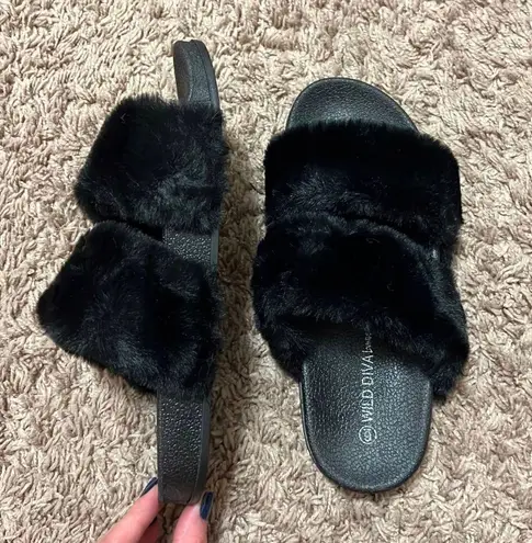 Wild Diva Black Faux Fur Double Band Slides